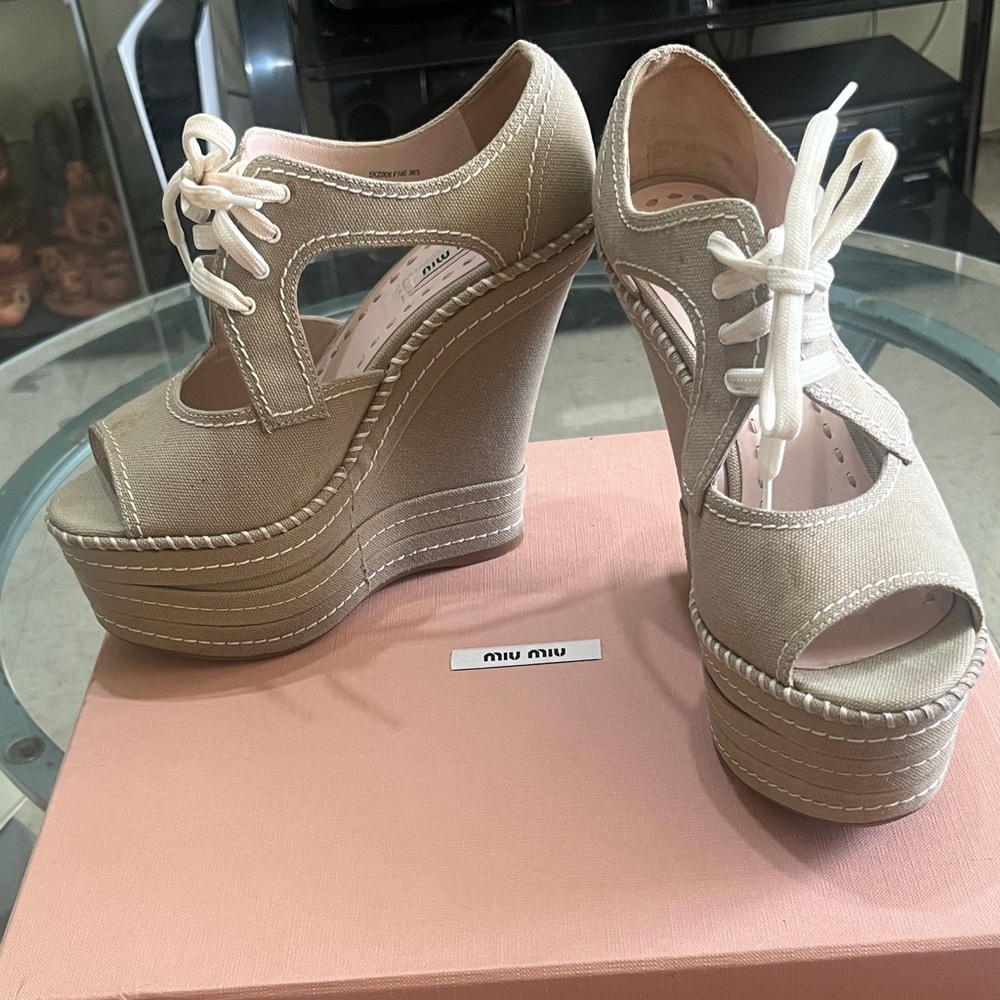 Miu Miu Beige Lace-Up Wedge Heels